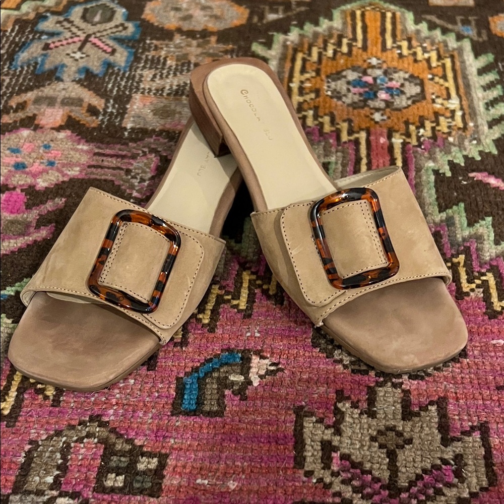 Chocolat Blu Taupe Suede Slide Sandals with Tortoiseshell Buckle
